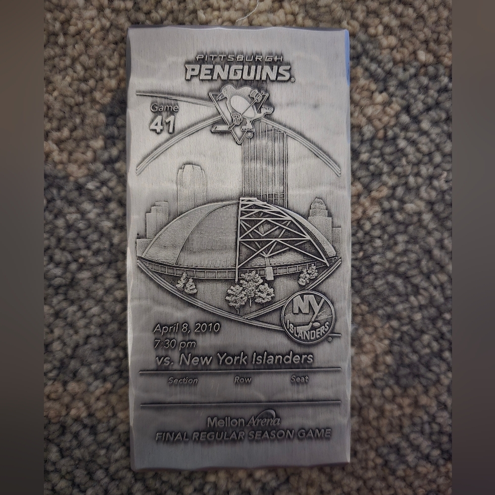 Pittsburgh Penguins Commemorative Engraved Ticket, Mellon Arena